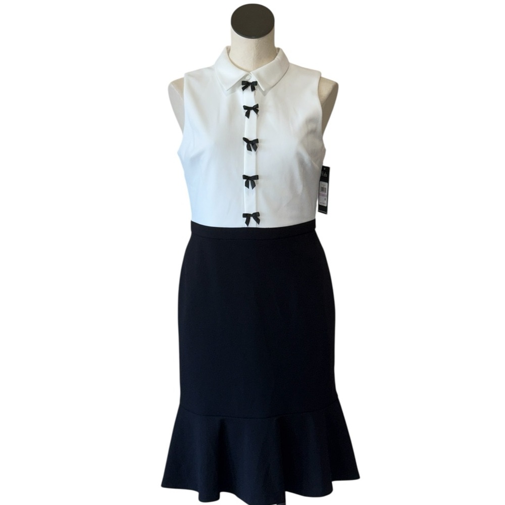 Karl Lagerfield  Scuba Crepe Colorblock Sheath Dress with Bows and Flounce Hem - Picture 2 of 6